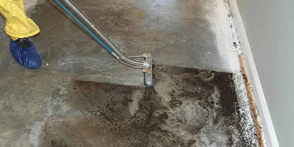 sewage removal technicians extracting contaminated wastewater from a residential floor in Denver, CO